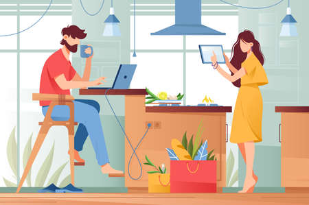 Flat young man with beard and beauty woman couple with gadgets in life. Concept wife and husband characters with modern device, tablet, laptop, mobile technology. Vector illustration.のイラスト素材
