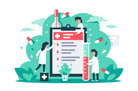 Flat composition with man and woman with medical gown and tablet. Concept characters with pills, medical fluid and first aid. Vector illustration.のイラスト素材