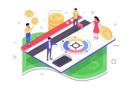 3d isometric young woman and man with money car service.のイラスト素材