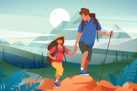 Flat young woman and man couple hiking in mountains. Concept friend characters with equipment in journey on forest and river background. Vector illustration.のイラスト素材