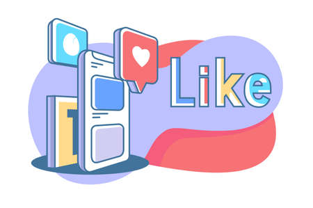 Flat online mobile social media with heart, like and icon. Concept cell phone, web relationship....