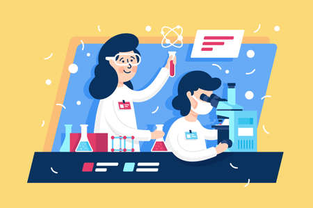 Flat young beauty woman with microscope and liquid ampoules in laboratory. Concept characters with science equipment, professional relationship. Vector illustration.のイラスト素材