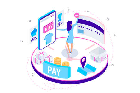 3d isometric mobile phone shop with full order processing. Concept young woman character with online card, clothing, coins and boxes. Low poly. Vector illustration.のイラスト素材