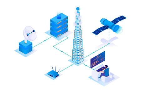 3d isometric communication network with satellite, wireless, servers. Concept man character at work with signal distributing tower. Low poly. Vector illustration.のイラスト素材
