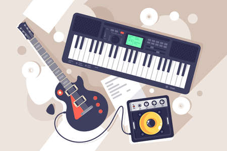 Flat music equipment with electrric guitar, synthesizer. Concept tool on disk and paper text backround, art creation. Vector illustration. のイラスト素材