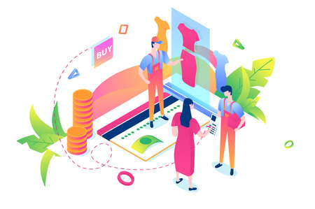 Flat young woman and man with mobile phone online shopping and delivery. Concept characters with cashless payments, gold coins, marketing. Vector illustration.のイラスト素材