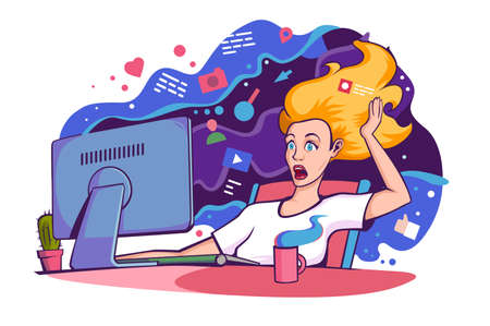 Flat young woman with computer and cup of tea, coffee suprised internet blows away. Concept girl character with online website icons with social, camera, point, video, relationship. Vector illustration.のイラスト素材