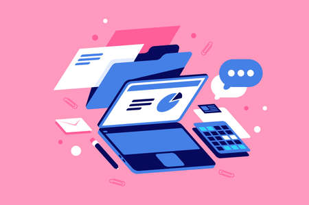 Flat workplace with doc, laptop, graph, message, post and mail icon. Concept mobile device, office technology on pink background. Vector illustration.のイラスト素材