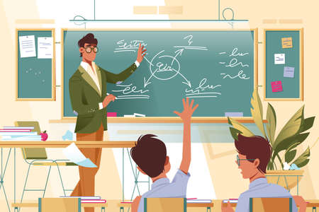 Flat young man teacher with glasses at work with schoolboys in school lesson. Concept businessman...