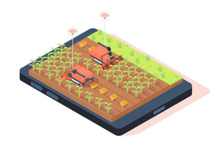 3d isometric smart farming with remote control. Concept cellphone with agriculture management, modern device technology. Low poly. Vector illustration.のイラスト素材