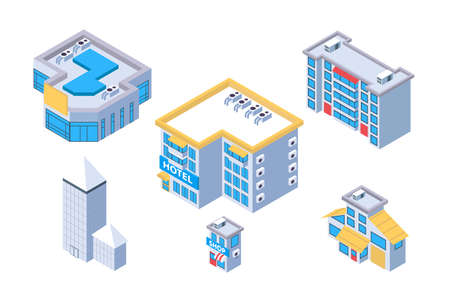 3d isometric set city building with hotel and shop.のイラスト素材