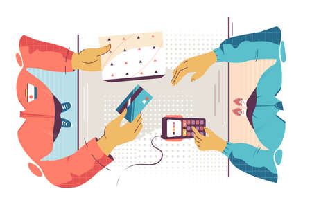 Flat young man employee calculates cost of purchase. Concept customer and businessman characters with card and modern payment terminal device. Vector illustration.のイラスト素材