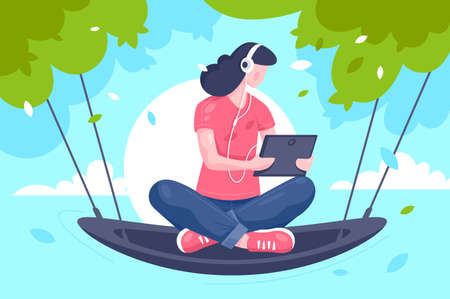 Flat young girl with tablet, headphones at hammock on tree.のイラスト素材