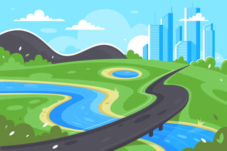 Flat road to city near river, green landscape and mountain. Concept modern technology with wild nature on skyscraper background. Vector illustration.のイラスト素材