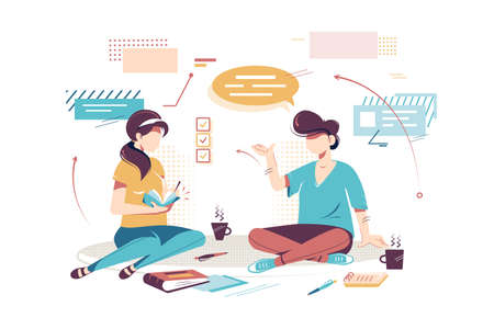 Flat young woman and man employee with notebook, speech bubble for project discussion. Concept businessman and businesswoman characters with work equipment, career relationship. Vector illustration.のイラスト素材