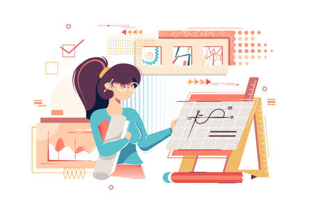 Flat young woman artist engineer with drawings, graphics and work equipment.のイラスト素材