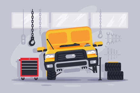 Flat yellow car with wheel and equipment at service for repair. Concept support vehicle with special professional tools. Vector illustration.のイラスト素材