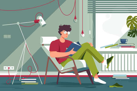 Flat man with glasses and home clothes reading book and sitting in chair.の写真素材