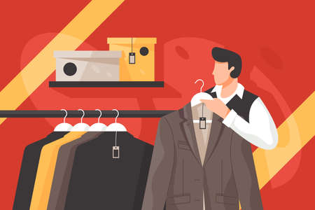 Mens clothing store vector illustration. Attractive male in classy white shirt doing shopping....