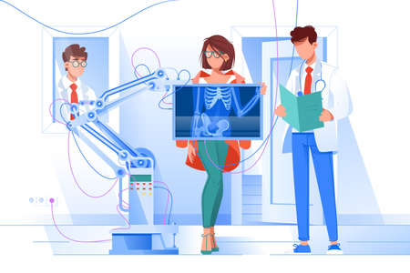 Flat young woman with stylish clothes and glasses at man doctor with x-ray.