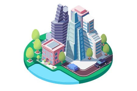 3d isometric city landscape with street, urban park, skyscrapers.のイラスト素材