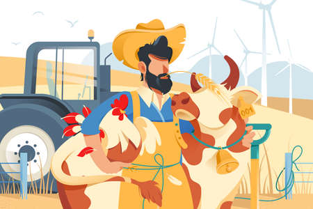 Handsome man with beard, cow and chicken at farm.のイラスト素材