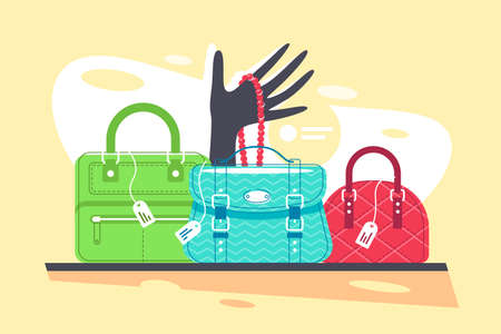Shop window of blue, red and green handbag, necklace. Concept clothes and bijouterie store on cloroful background. Vector illustration.のイラスト素材