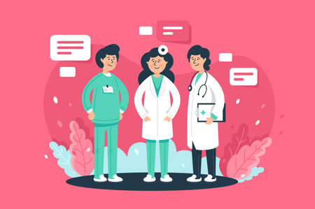 Flat young team doctors with woman and man. Concept characters with uniform, tablet on red background. illusatration.の写真素材