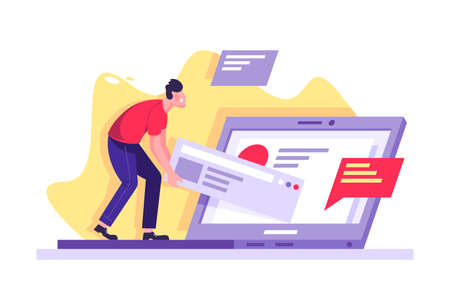 Flat young man with laptop working on site drag the result of work. Concept freelance character employee, social online chat, debug. illustration.の写真素材