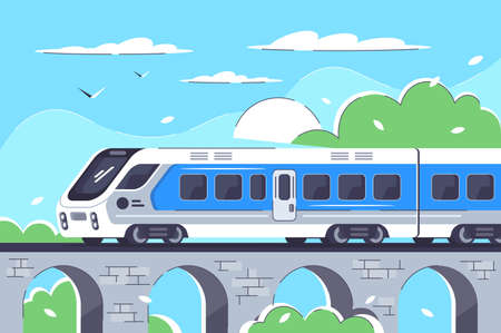 Train rushing out of city in long way. Concept rail vehicle moving on the railway bridge to tourism...