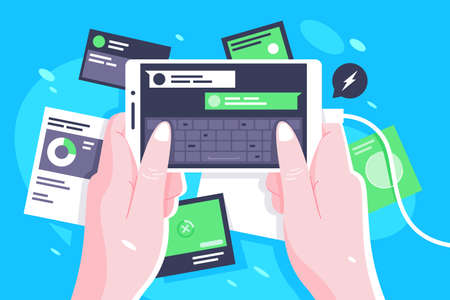 Woman hands holding smartphone using messenger and diagram for work. Concept confident businesswoman character online negotiates and charging mobile phone. illustration.の写真素材