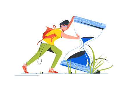 Man pushing big hourglass for faster loadingのイラスト素材
