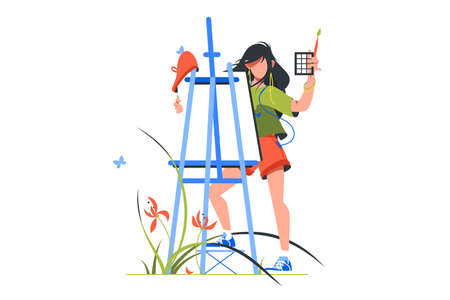 Artist woman character holding paintbrushのイラスト素材
