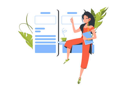 Explanation of woman character in headset with bookのイラスト素材