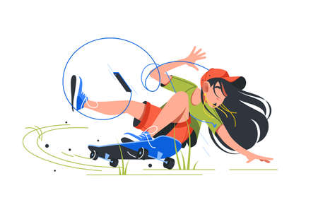 Young disappointed girl fail when riding skateboard using smartphone. Isolated concept attractive woman character in protective helmet listening music using earphones on vehicle. Vector illustration.のイラスト素材