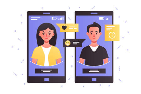 Man and woman talking using smartphoneのイラスト素材