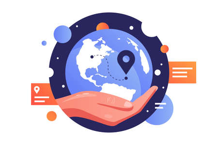 Humans hand holding planet earth vector illustration. Wavy line showing location flat style. Round ball on persons palm surrounded with planets. Save earth conceptのイラスト素材
