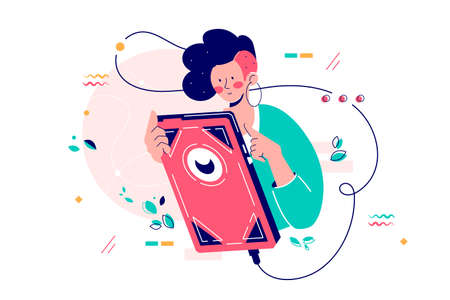 Girl using giant smartphone vector illustration. Woman chatting on trendy modern cellphone flat style design. Mobile phone addiction and technology conceptのイラスト素材