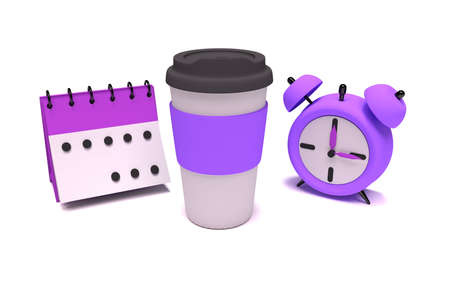 Coffee alarm and calendar  illustration. Front view of cup with hot drink and spiral calendar and wake-up call. Morning awakening with coffee and planning dayの写真素材