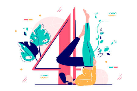 Person stand on head near number four vector illustration. Man performs acrobatic trick showing number four with body flat style design. Countdown conceptのイラスト素材