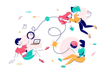 Flying business team illustration. Woman with laptop, documents, cup in flight holding on to rope together flat style design. Teambuilding conceptの写真素材