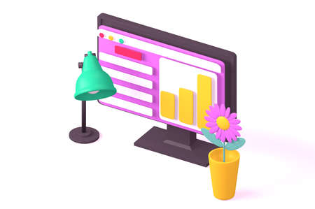 Office work table with lamp and flowerの写真素材