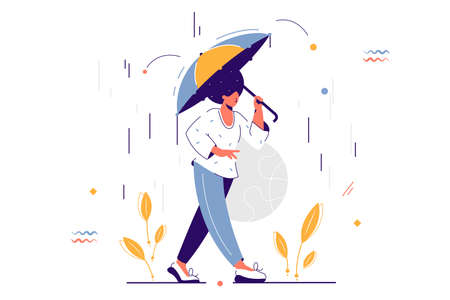 Young african american woman walking under umbrella in rain.のイラスト素材