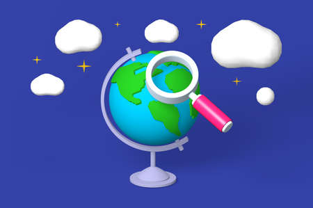 Earth globe with green continents on world map  illustration. Magnifying glass for search 3d cartoon design. Fluffy white clouds and stars on blue backgroundの写真素材