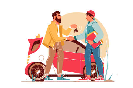 Bearded businessman giving keys to young man making car deal. Concept handsome male character near urban modern vehicle hand shaking. Vector illustration.のイラスト素材