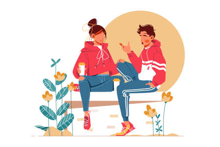 Sweet couple talking sitting on bench vector illustration. Blooming flowers outdoors flat style. Girl and guy in sportswear. Relationship and communication concept. Isolated on white backgroundのイラスト素材