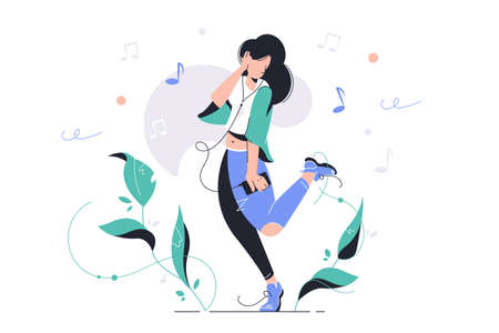 Girl dancing on street outdoors vector illustration. Woman listening to music and wearing headset...