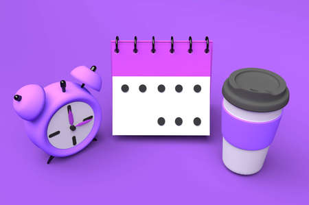 Coffee alarm and calendar illustration. Front view of cup with hot drink and spiral calendar and...