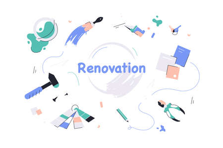 Repair tools and equipment vector illustration. Hammer, pliers, stationery knife, screws and nails, palette with colours examples flat style design. Renovation concept. Isolated on whiteのイラスト素材