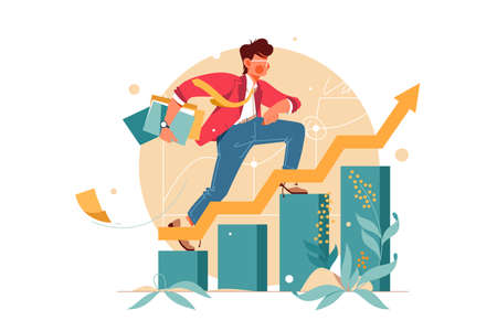 Young man hurry up consisting of finance graph. Isolated concept female employee character person with document folders, career growth with arrow. Vector illustration.のイラスト素材